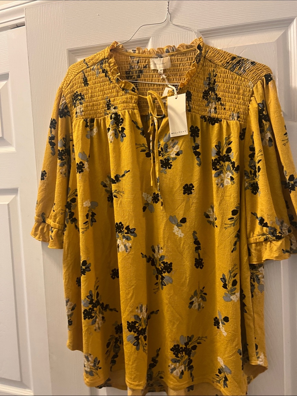 Mustard Floral Smocked Yoke Peasant Top